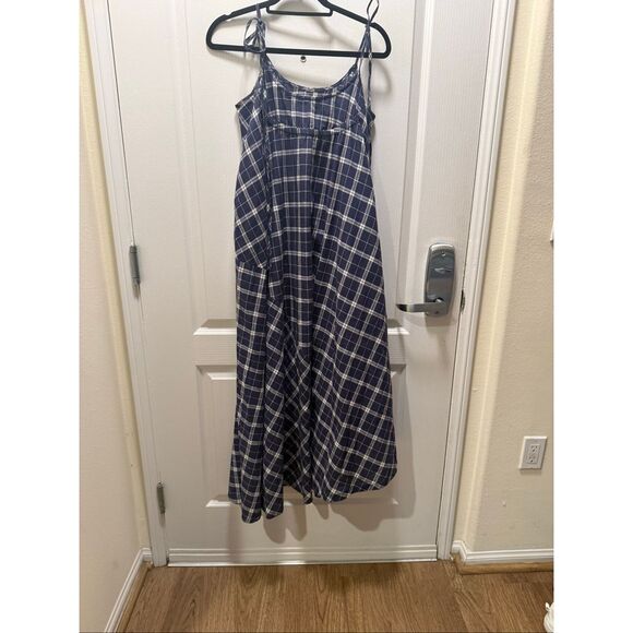 Chan Luu Plaid Maxi Dress Navy Blue Check Tie Strap Boho Summer Casual one size - Picture 2 of 4